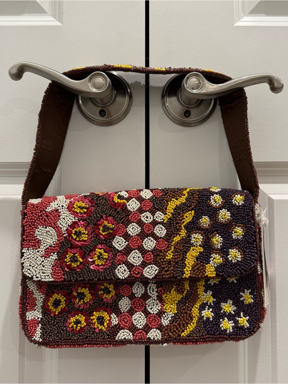 NWT Beaded Floral Pattern Shoulder Bag in Brown, Yellow & Pink